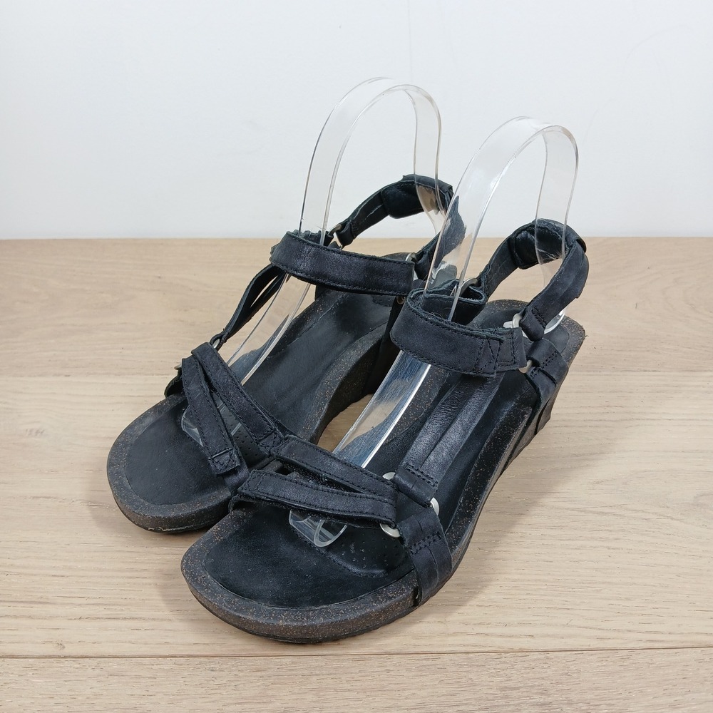 Teva Sandals Womens 7 Black Strappy Hook Loop Wedge Comfort Streetwear Basic